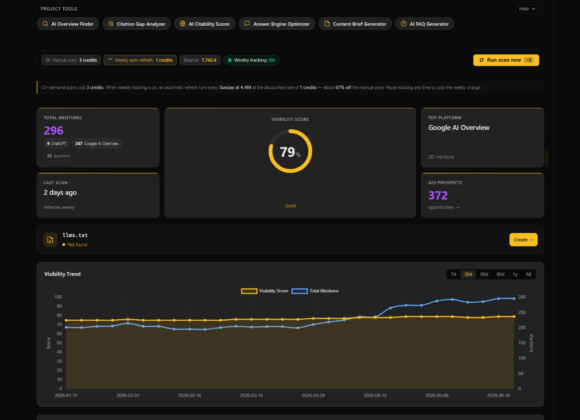 AI Visibility dashboard showing Google AI overview score of 79% with visibility trends and platform distribution metrics.
