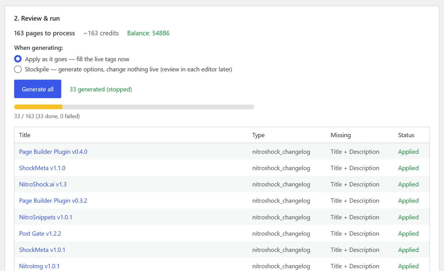 ShockMeta Bulk Meta: 163 pages to process, 33 done with 0 failed, results table showing Applied statuses