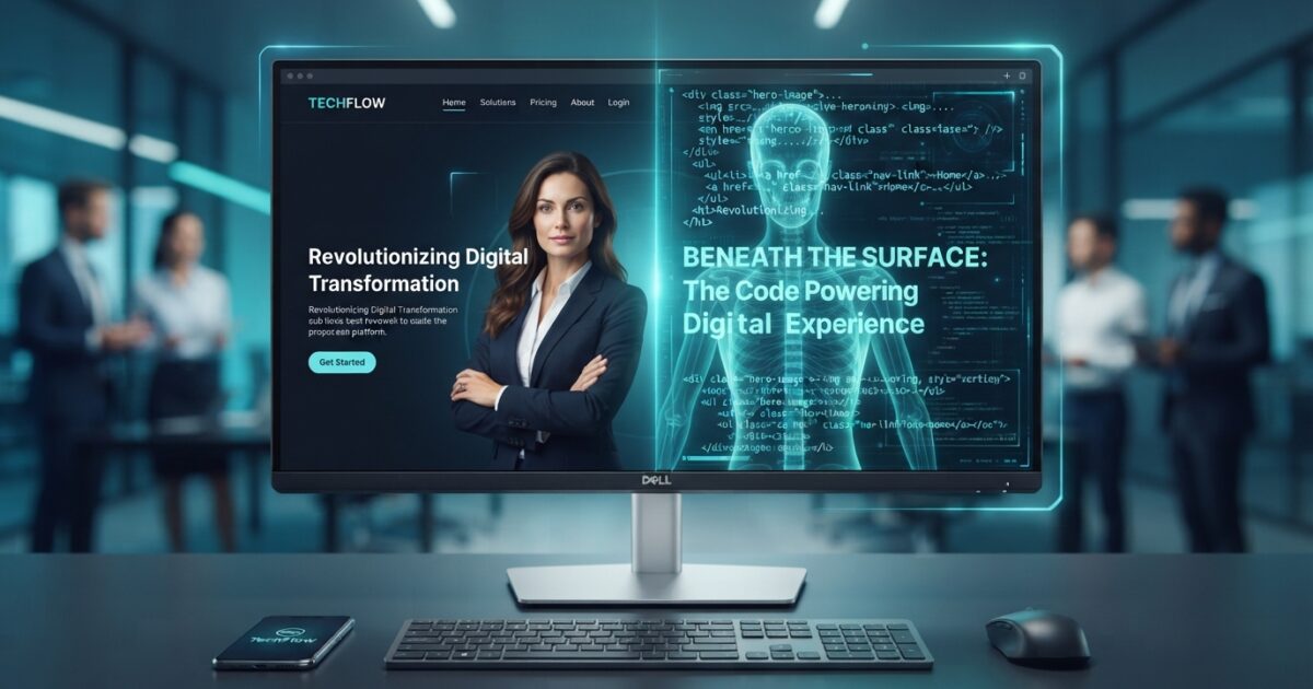 Professional woman in business attire displayed on dual-monitor setup showing tech website and digital code interface in modern office setting.