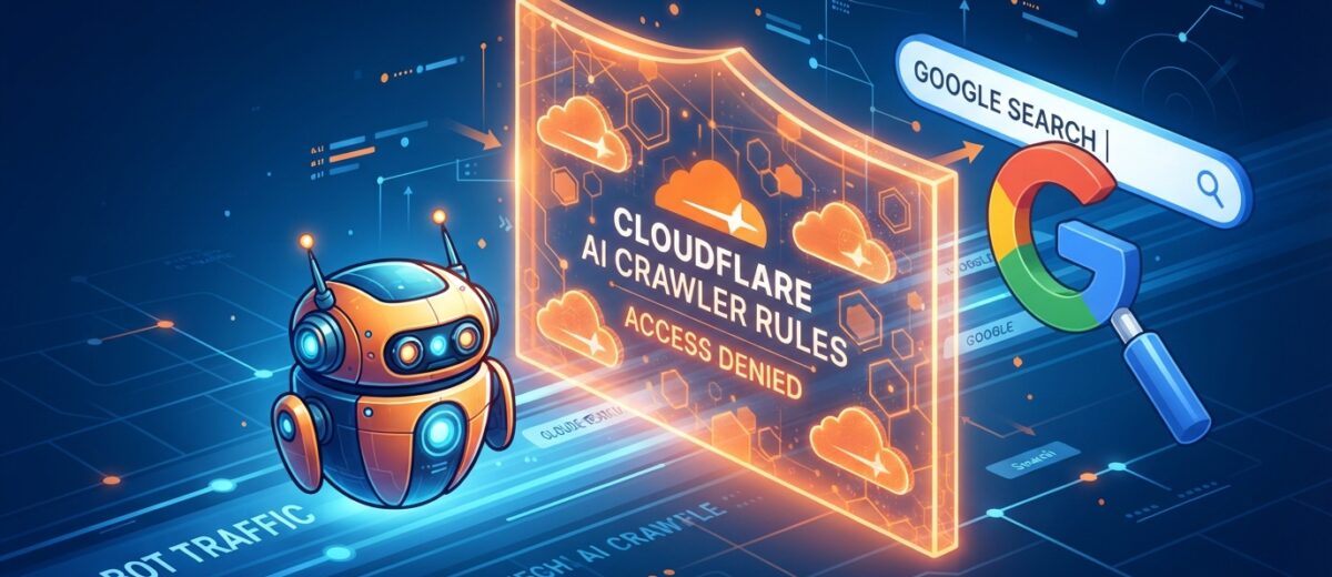 Illustration showing Cloudflare blocking an AI crawler with a Google search icon and robot character on a digital network background.