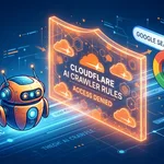Illustration showing Cloudflare blocking an AI crawler with a Google search icon and robot character on a digital network background.