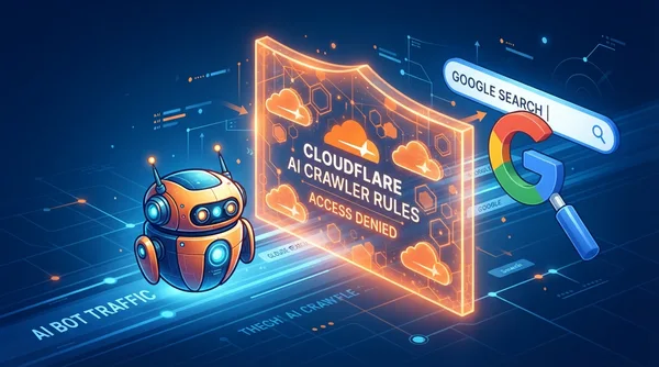Illustration showing Cloudflare blocking an AI crawler with a Google search icon and robot character on a digital network background.