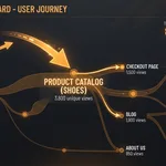 User journey flow showing traffic from external sources through product catalog to checkout, confirmation, and other pages.
