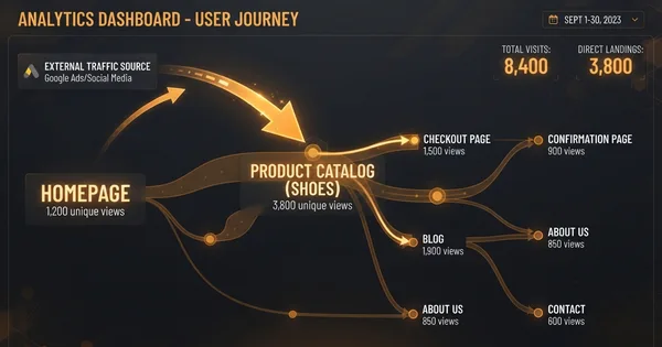 User journey flow showing traffic from external sources through product catalog to checkout, confirmation, and other pages.