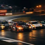 Multiple race cars compete on a wet night track under stadium lights during an endurance race.