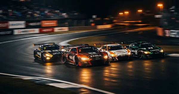 Multiple race cars compete on a wet night track under stadium lights during an endurance race.