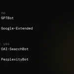 Robots.txt configuration file showing user-agent rules for GPTBot, Google-Extended, OAI-SearchBot, and PerplexityBot with allow/disallow directives.