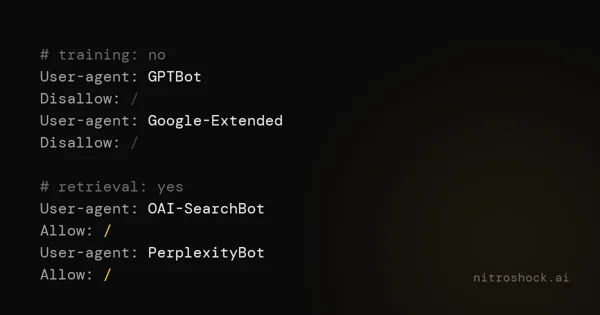 Robots.txt configuration file showing user-agent rules for GPTBot, Google-Extended, OAI-SearchBot, and PerplexityBot with allow/disallow directives.
