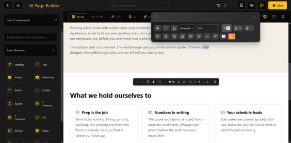 Imported site in page builder